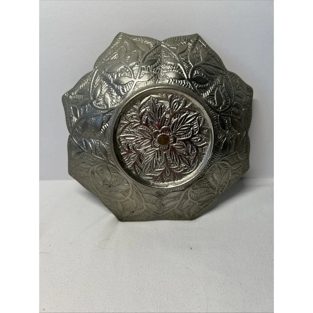 Vintage Embossed on back Silver Lotus Flower Candle Holder Leaves Decorative G26